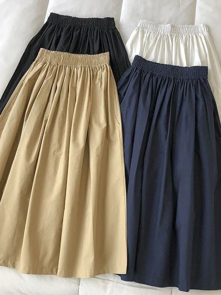 🍒Geplooide knielengte romp met sakke, vroue wit lang romp, eenvoudige mode, somerklere, slim toevallige drag, alledaagse noodsaaklikhede, alledaagse drag, elegante hoë middellyf A-lyn vroueromp uitrusting, Eenvoudig Maklik