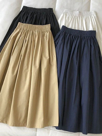 🍒Geplooide knielengte romp met sakke, vroue wit lang romp, eenvoudige mode, somerklere, slim toevallige drag, alledaagse noodsaaklikhede, alledaagse drag, elegante hoë middellyf A-lyn vroueromp uitrusting, Eenvoudig Maklik