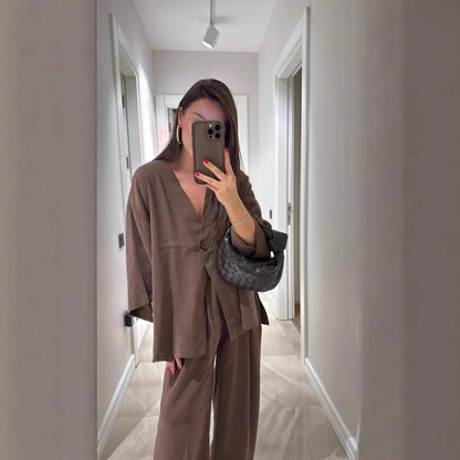 🍒Informele broekpak vir vroue, elegante langmou-uitrusting, enkelkleur wyebeenbroek en baadjie-stel, lente somer mode los tweestuk-partytjie-pajamas