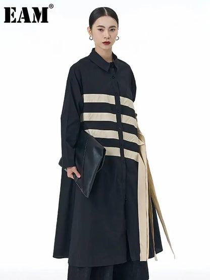 🍒black striped shirt dress women ribbon colour-block big size coat dress a-line with long sleeve and turn down collar fashion smart casual outwear Get A ZEBRA aCROSS a shirt dress cool thING