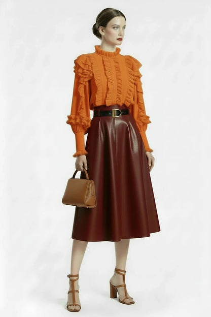 🍒Red pu skirt high end goddess fashion a-line leather midi mid length umbrella skirt occasion party wear Get A Little Bottle with A Burgundy