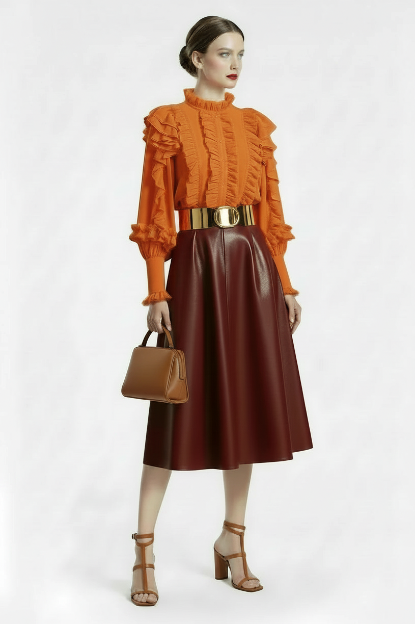 🍒Red pu skirt high end goddess fashion a-line leather midi mid length umbrella skirt occasion party wear Get A Little Bottle with A Burgundy