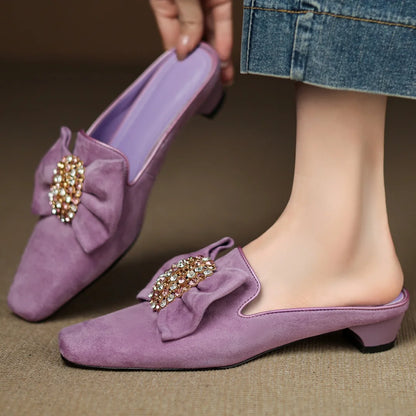 🍒Natural suede black flat mules with bow front slip on shoes for women leather square toe kitten heels flats summer footwear with crystal buckle flats 3cm kitten heel occasìon parry shoes Dont Slip On Slippers