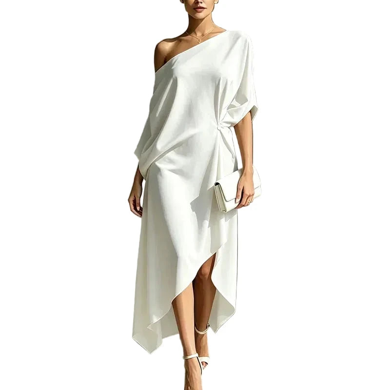 🍒Cold shoulder midi dress loose solid draped knot waist Irregular hem outfit for occasion holiday evening wear women elegant guest wear Pretty Perfect Pinched
