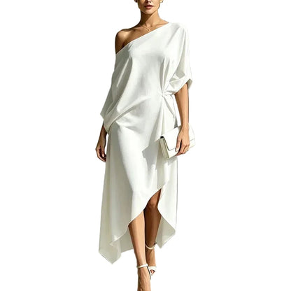 🍒Cold shoulder midi dress loose solid draped knot waist Irregular hem outfit for occasion holiday evening wear women elegant guest wear Pretty Perfect Pinched