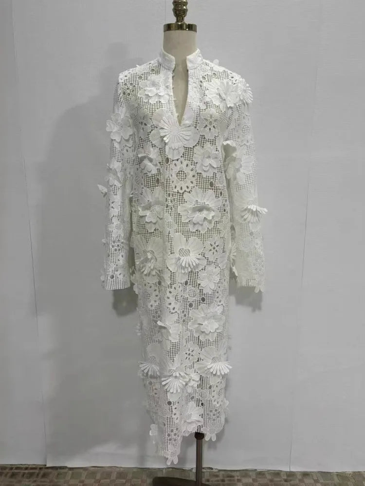 🍒Women's lace dress 3d flowers long sleeve maxi womens occasion wear wedding guest outfit autumn party wear Fem Fleur Fresh Fashion