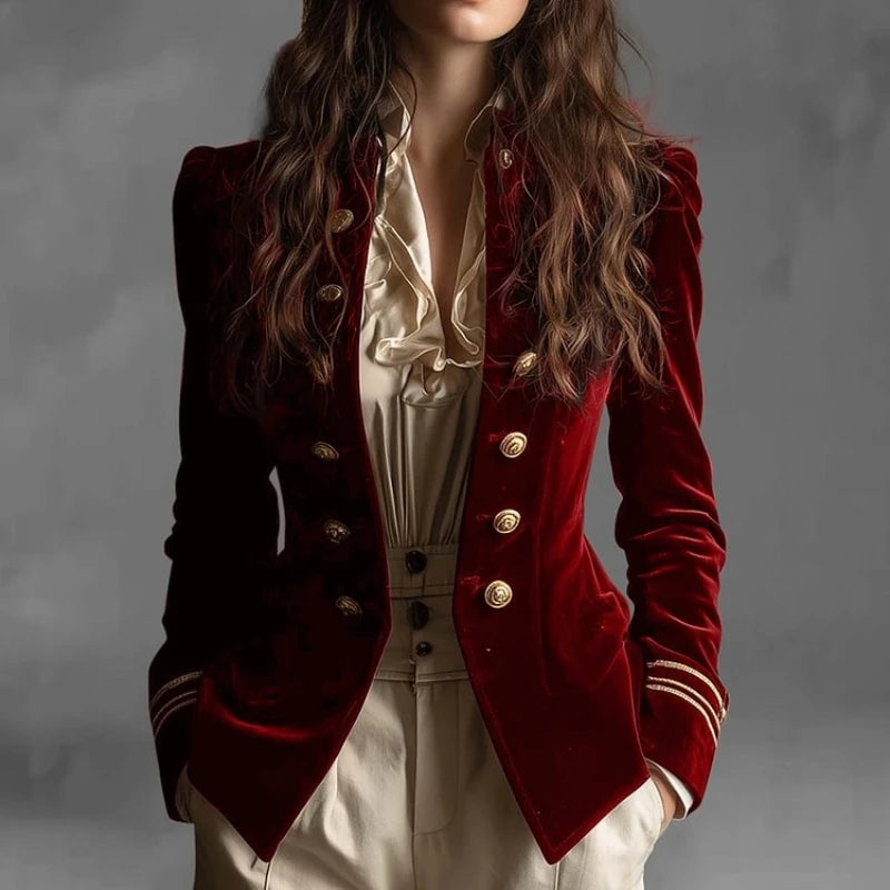 🍒vintage velvet jacket  women  preppy style slim fit jacket casual retro double breasted coat stylish outerwear Drink In The Quality Of This Burgundy