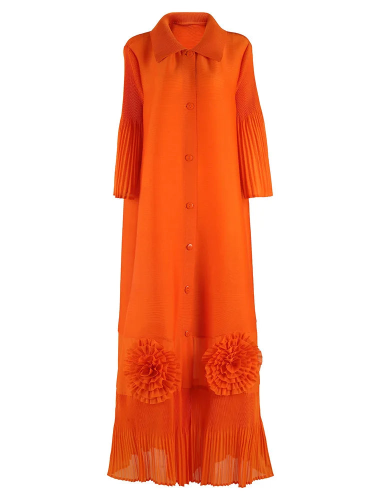 🍒Loose women's dress high-end chic lapel outfit with flared sleeves 3d floral fashion maxi  single breasted coat dress party occasion wear Flowers At Your Feet frock