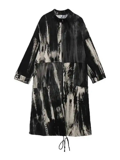 🍒Tie dye trench coat with stand up collar big size long outerwear long sleeve loose fit windbreaker fashion spring autumn wear Get the R'white Black This Season