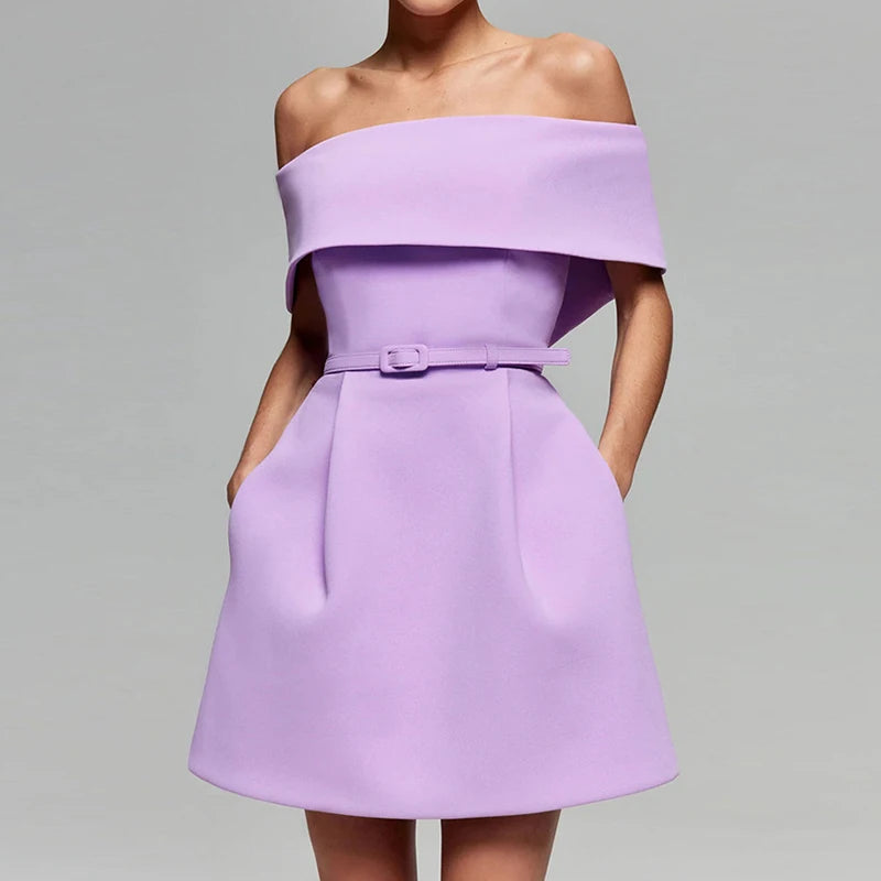 🍒Mixed media fashion short sleeve mini dress off the shoulder sleeves spring summer fashion solid party wear occasion wear Show A' Shapely Shoulder