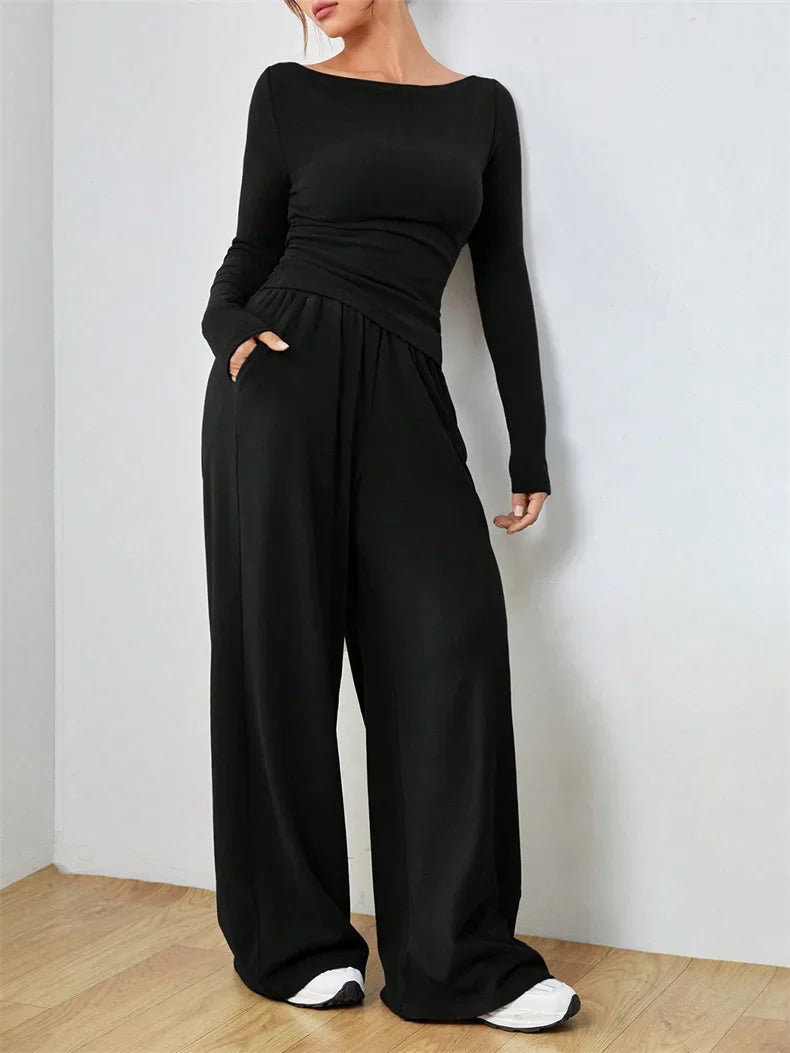 🍒Tweedelige wyebeenbroekstel sagte styl klere Onreëlmatige mode-joga-sportstel vroue slim gemaklike drag