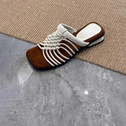 🍒String sandals woven strap slipper shoes summer square toe sandels woven non-slip wear-resistant low heel shoes for women