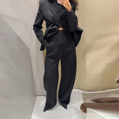 🍒Casual black blazer and pants set long sleeve jacket with fitted waist and long kick flare solid straight pant set women spring autumn suits  ‘Well fit