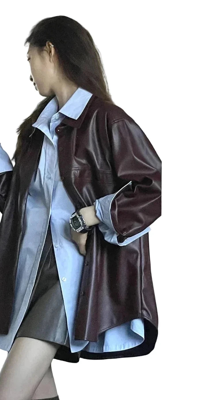 🍒Shirt style jackets faux leather womens oversized outerwear solid single breasted spring/autumn stylish vintage turn-down collar windbreak casual coats chic female clothing     Luvly Lazy-Like Leather Look