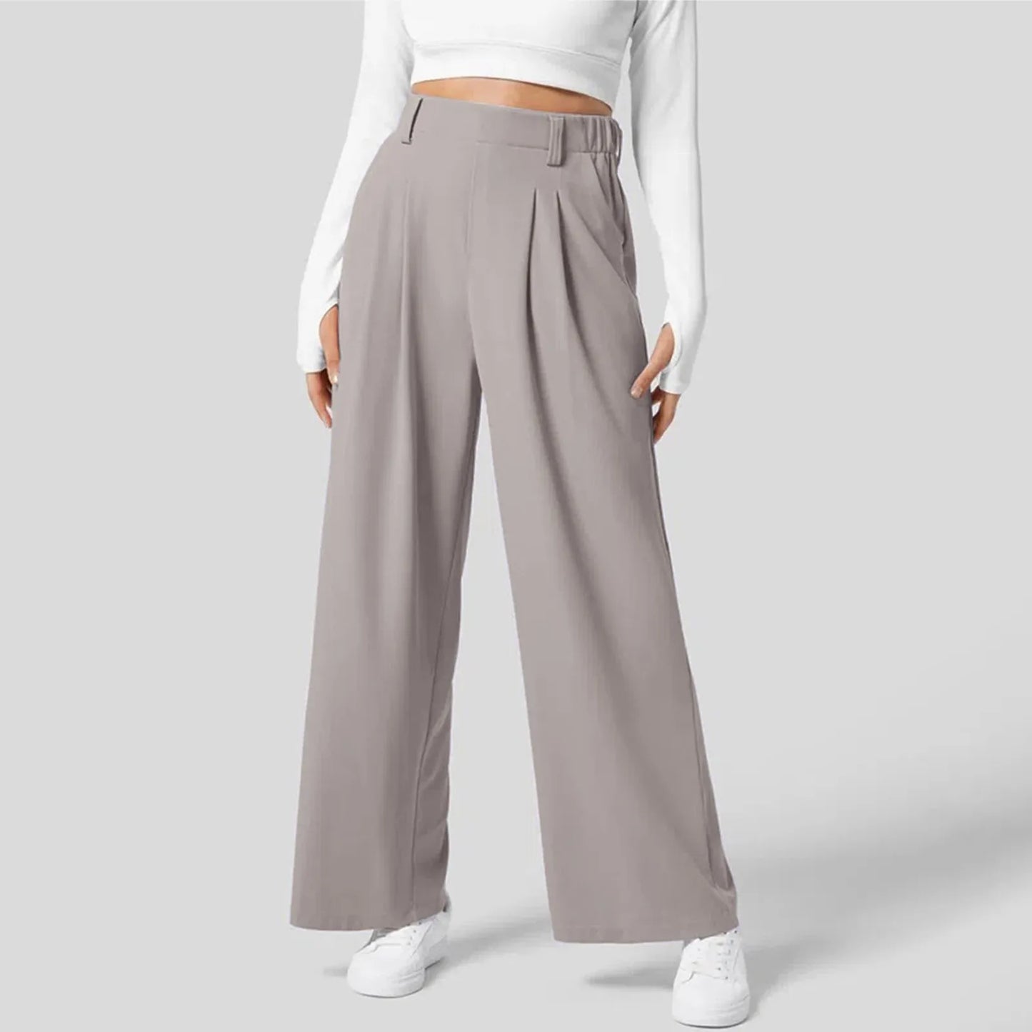 🍒Straight fit high rise trousers  fashionable smart casual women loose solid colour wide leg  pants Solid Slick Staples
