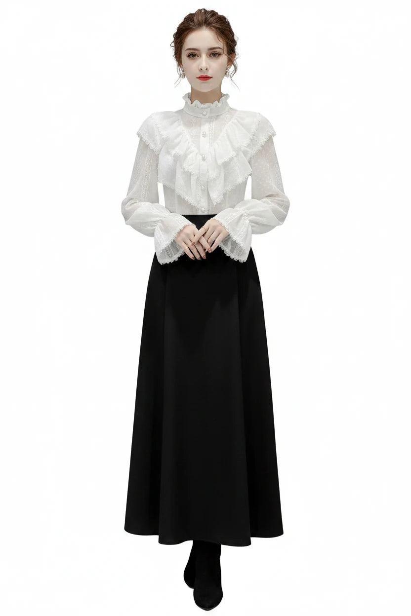 🍒Long sleeve ruffle blouse loose spring fashion button white shirt elegant stand collar top women lace chiffon casual shirt occasion wear Look All 'white In White
