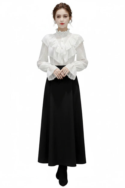 🍒Long sleeve ruffle blouse loose spring fashion button white shirt elegant stand collar top women lace chiffon casual shirt occasion wear Look All 'white In White