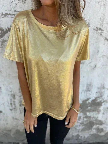 🍒Metaalagtige los top blink kortmou T-hemp dames spesiale geleentheid tops goud T-hemp o-nek mode slim gemaklike damesklere Top 'Talic Tee
