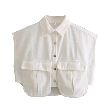 🍒Women's summer cropped shirt sleeveless blouse top ladies elegant with large pockets vintage style chic casual solid summer clothing high end cardigan denim top Pocket This Crop