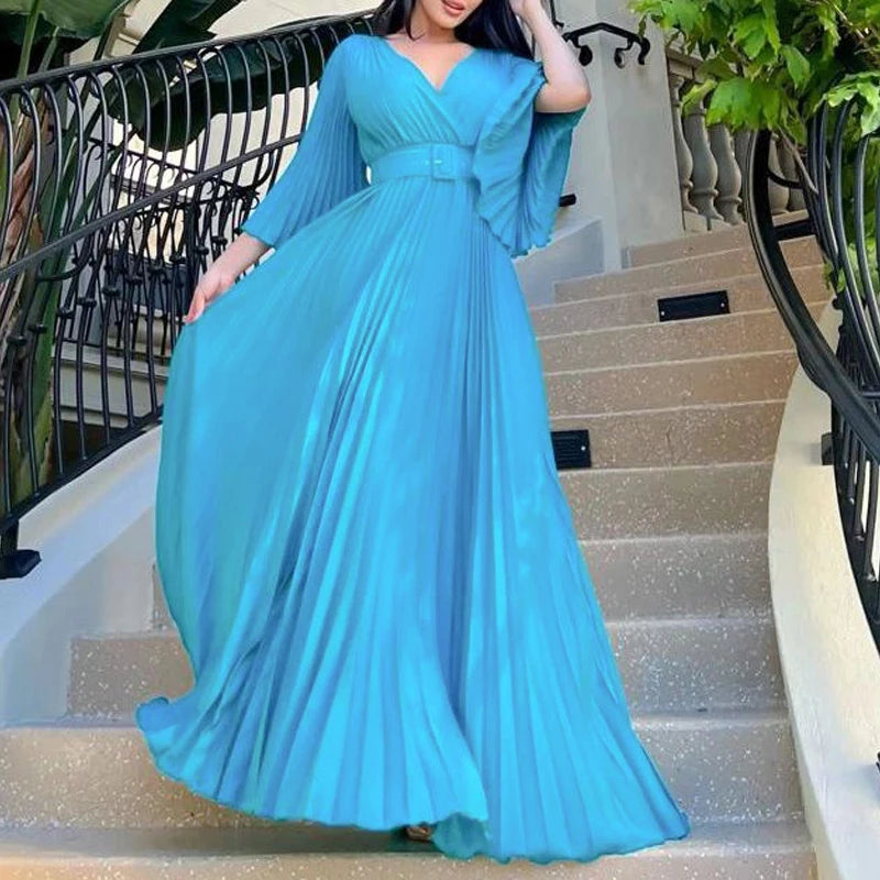 🍒 Aandete partytjie rok V-nek ontwerp geplooide vroue mode drag elegante maxi uitrusting met gordel langmou mode geleentheid drag partytjie drag Heeltemal Uitgeplooide Affêre