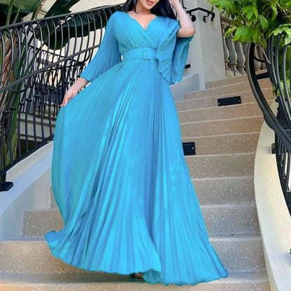 🍒 Aandete partytjie rok V-nek ontwerp geplooide vroue mode drag elegante maxi uitrusting met gordel langmou mode geleentheid drag partytjie drag Heeltemal Uitgeplooide Affêre
