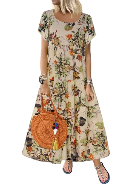 🍒Women's round neck short sleeve dress loose waist linen A-Linen out fit maxi length casual summer wear floral fashion Flattering Floral