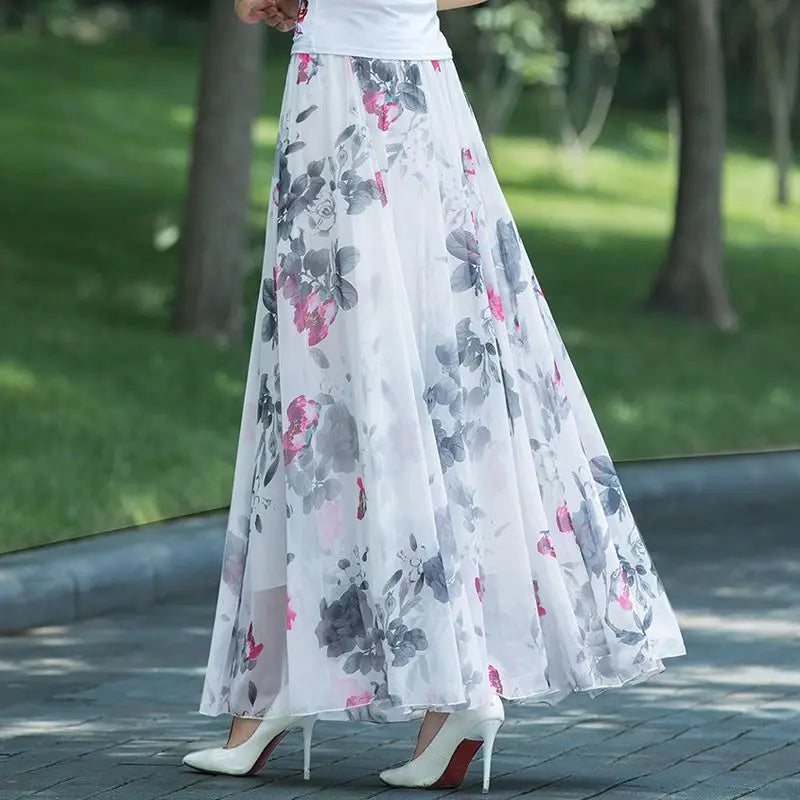 🍒 Blomme-somersrome vir vroue druk vroulike modedrag hoë middellyf romp uitrusting elegante a-lyn boho maxi slim gemaklike klere A-lyn van Pragtige Blomme
