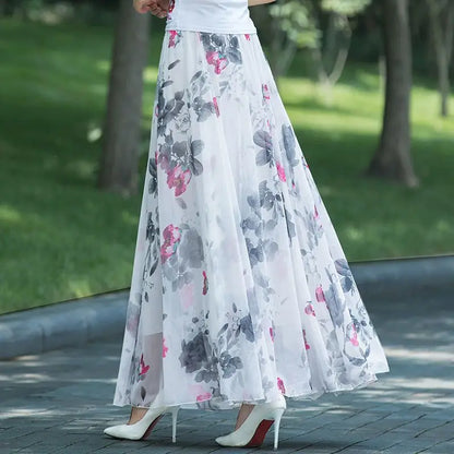 🍒 Blomme-somersrome vir vroue druk vroulike modedrag hoë middellyf romp uitrusting elegante a-lyn boho maxi slim gemaklike klere A-lyn van Pragtige Blomme