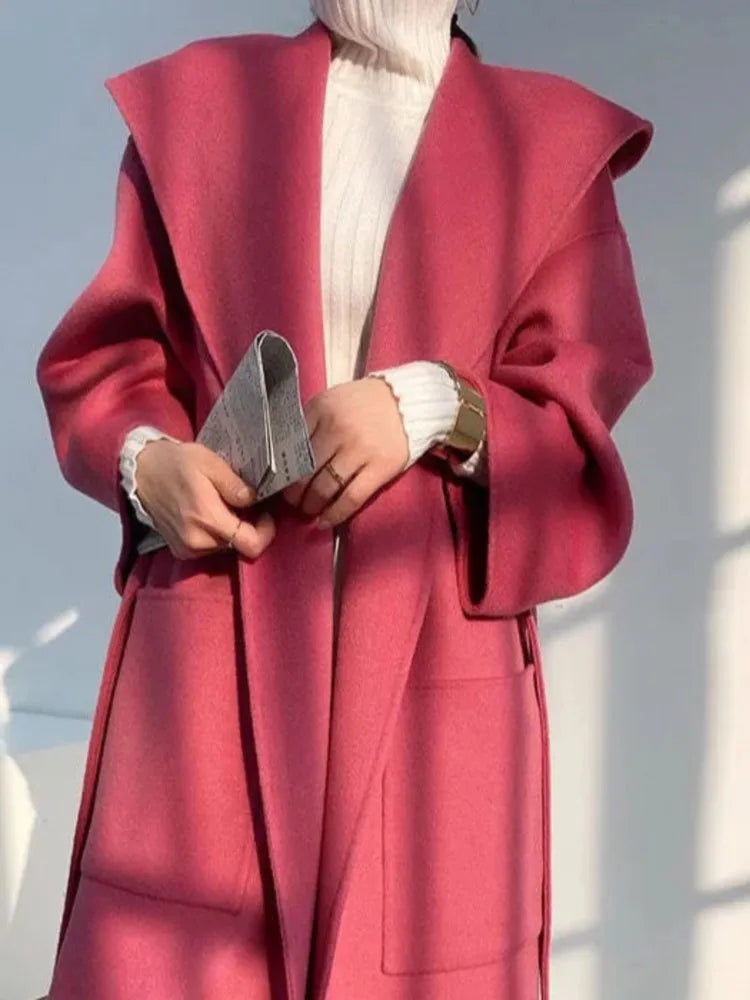 🍒Loose winter coat women solid over coat for women wool hooded coats trendy outerwear oversize vintage female elegant sash and pocket warm street fashion Wrap This Up