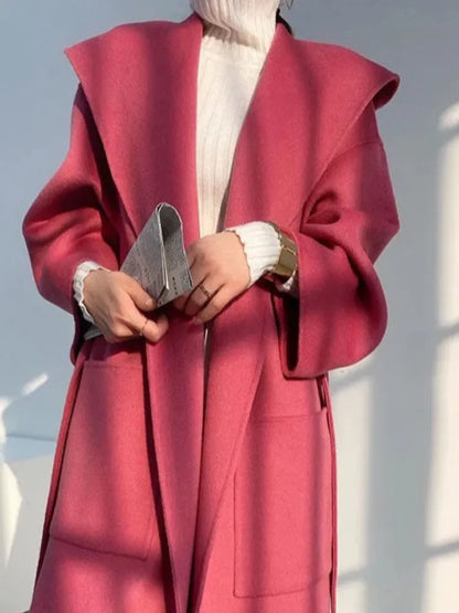 🍒Loose winter coat women solid over coat for women wool hooded coats trendy outerwear oversize vintage female elegant sash and pocket warm street fashion Wrap This Up