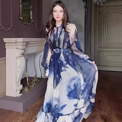 🍒V-neck mesh maxi dress Ink blue print design waist cinching outfit a-line for women loose mesh gown for ladies occasion wear partywear write Your fashion Story with ink