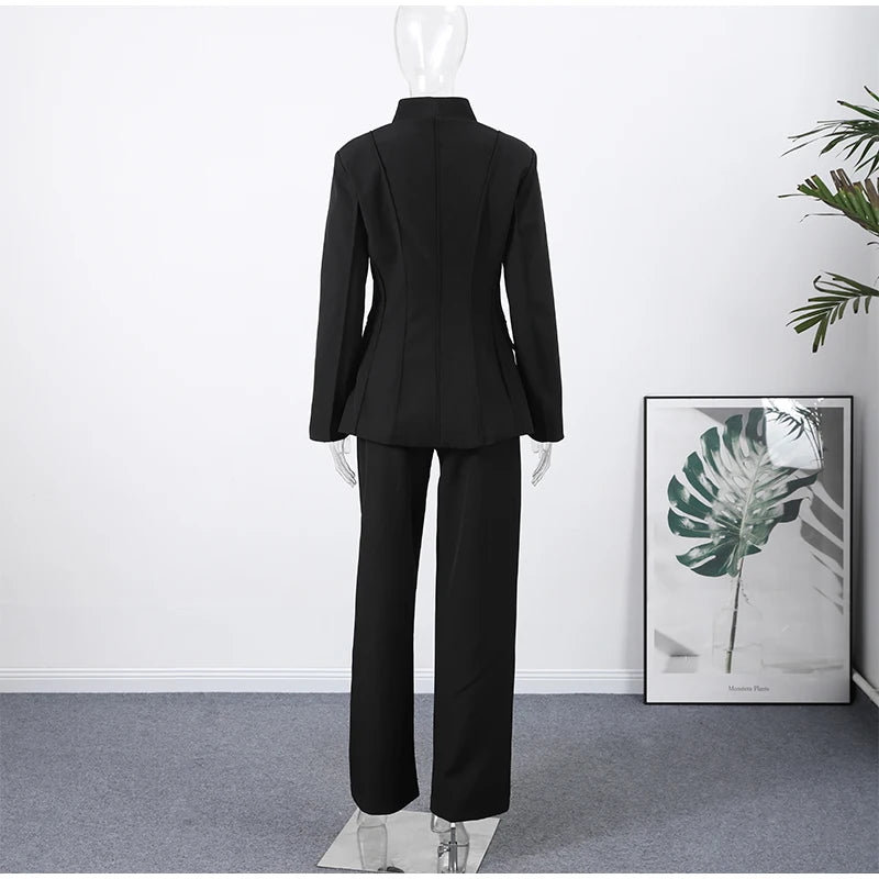 🍒Casual black blazer and pants set long sleeve jacket with fitted waist and long kick flare solid straight pant set women spring autumn suits  ‘Well fit