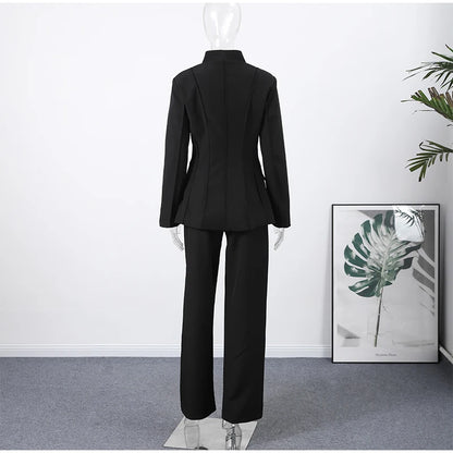 🍒Casual black blazer and pants set long sleeve jacket with fitted waist and long kick flare solid straight pant set women spring autumn suits  ‘Well fit
