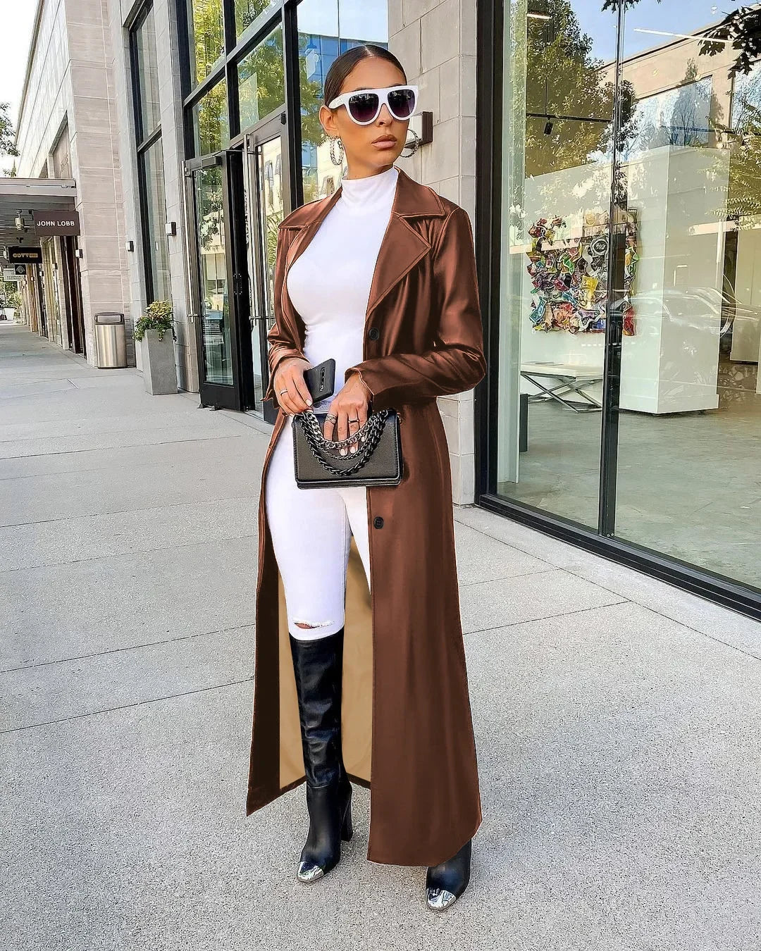🍒Womens pu leather coat Long sleeve+trench extra long winter lapel fashion outerwear fashion work coat maxi Get A Long Look In Leather
