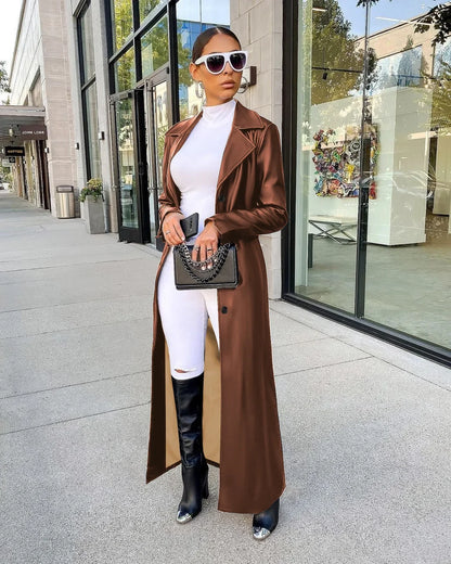 🍒Womens pu leather coat Long sleeve+trench extra long winter lapel fashion outerwear fashion work coat maxi Get A Long Look In Leather