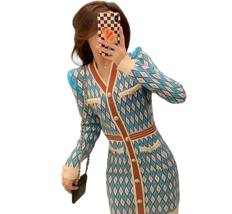 🍒Knitted dress for women v- neck autumn winter fashion french style clothing smart casual female outfit women diamond checkered clothing Playout Plaids