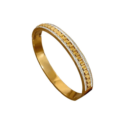 🍒Irregular geometric wave stainless steel bracelet with rhinestones exquisite gold colour cuff bangle smart casual Jewellery accessories Gifts Glitz Up Your Hand With A Band