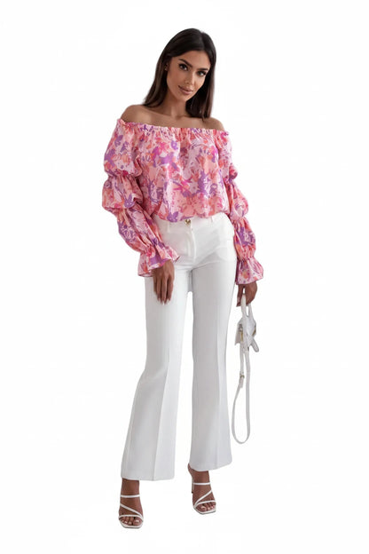 🍒Floral print off-shoulder blouse womens shirred puff sleeve top floral feminine casual ruffles shirt Tops Flower Up In A Puff