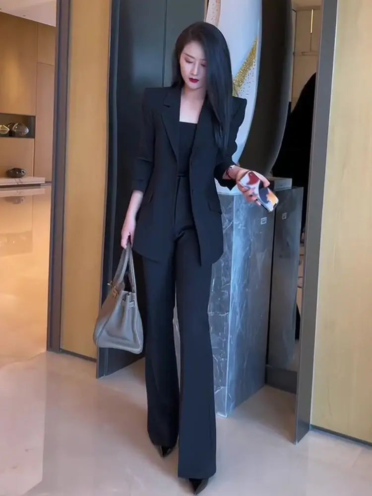 🍒Blazer and pant sets two piece wear to work suits flared trousers office professional outfits black smart casual attire for women Acquire Attirre