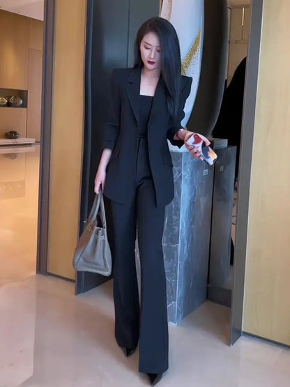 🍒Blazer and pant sets two piece wear to work suits flared trousers office professional outfits black smart casual attire for women Acquire Attirre