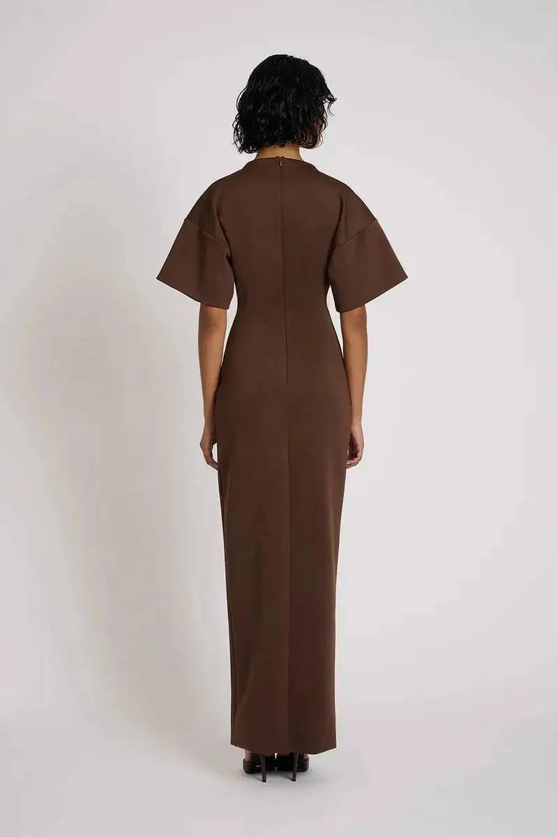 🍒Short sleeve maxi dress  ruched outfit brown women side split occasion dress with belt metal fashion o-neck club party wear occasion white long dresses Paint The Town Red In Brown