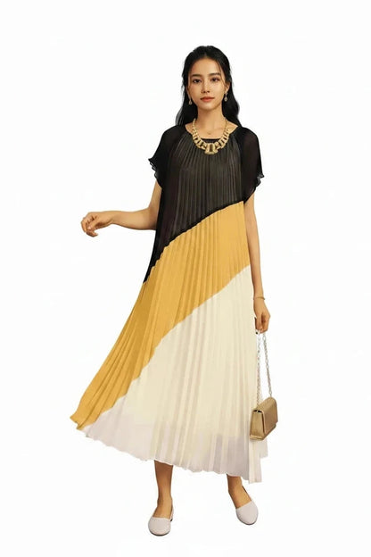 🍒Mid length dresses for women casual outfit short sleeve smart three-residence series round neck clothes fashion pleated loose waist summer wear Angle To A Diagonal