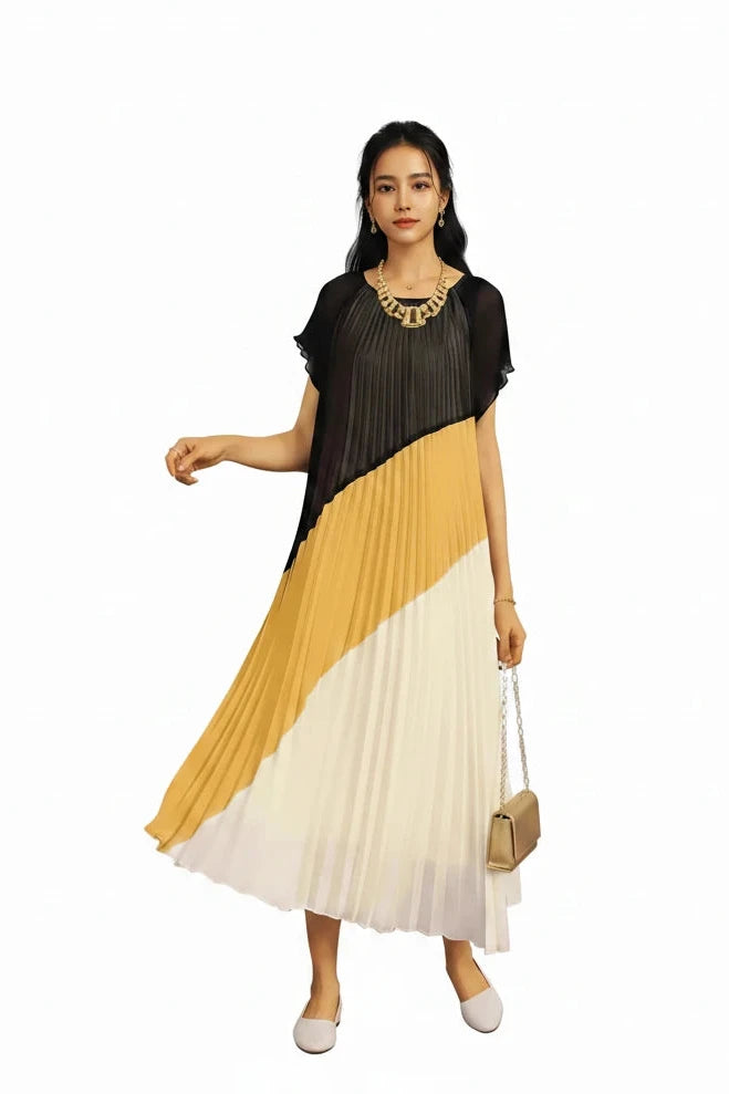 🍒Mid length dresses for women casual outfit short sleeve smart three-residence series round neck clothes fashion pleated loose waist summer wear Angle To A Diagonal
