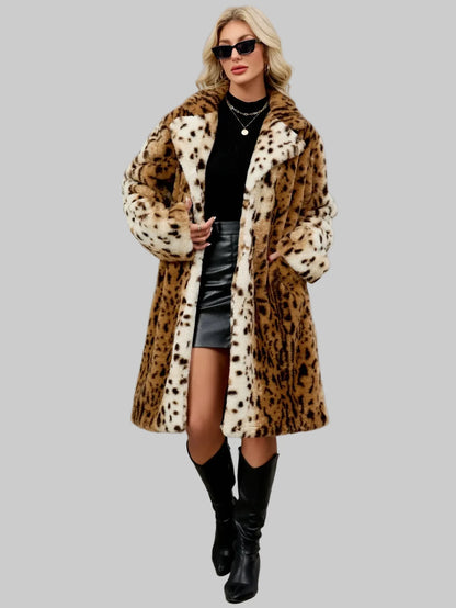 🍒Faux fur coat leopard long Jacket with lapel animal print outerwear fashion long sleeve overcoat women single breasted straight fit smart casual autumn winter wear Animate Your Style