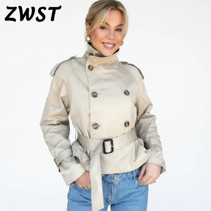 🍒Flared sleeve jacket belt coat for women elegant stand collar double breasted coat long sleeved outerwear female autumn winter fashion commuter keep abreast of belted double breast