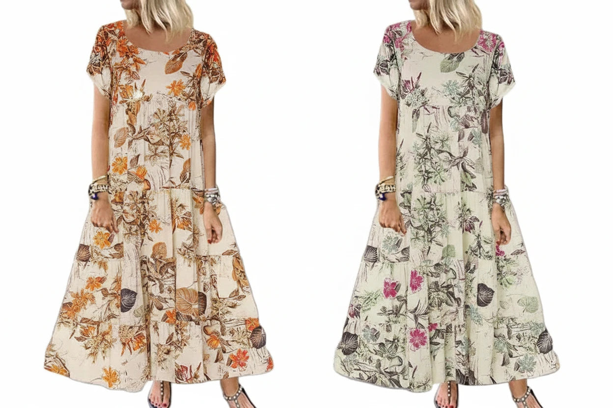 🍒Women's round neck short sleeve dress loose waist linen A-Linen out fit maxi length casual summer wear floral fashion Flattering Floral