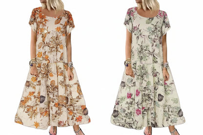 🍒Women's round neck short sleeve dress loose waist linen A-Linen out fit maxi length casual summer wear floral fashion Flattering Floral