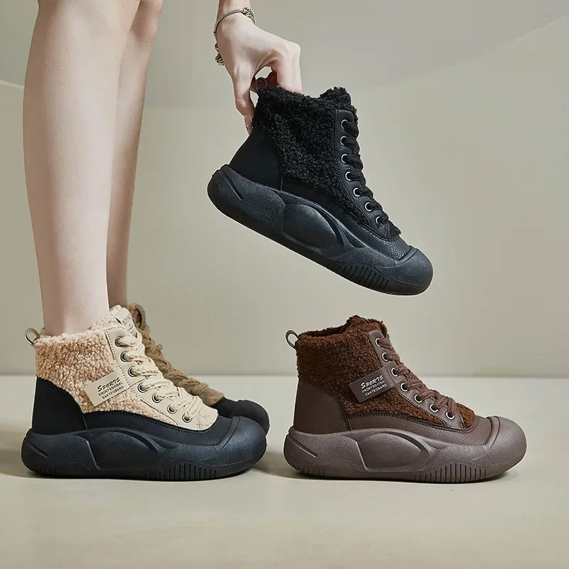 🍒Plush stewels met verdikte sool sneeustewels met (buitenste vag) gemaklike slytvaste warm diksoolskoene vir dames, nuwerwetse veterstewels, gemaklike stapskoene vir vroue, koop "Bootie Beauties"