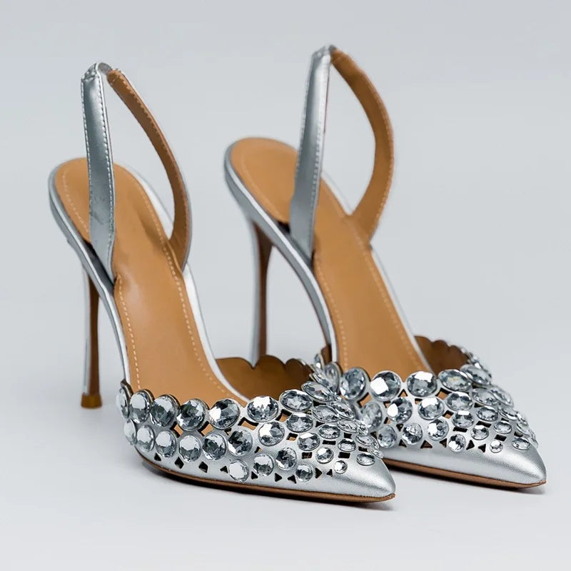 🍒Crystal slingback sandals pointed toe stilettos heels ankle strap occasion shoes footwear evening pumps for women modern party shoes On Point Fashion