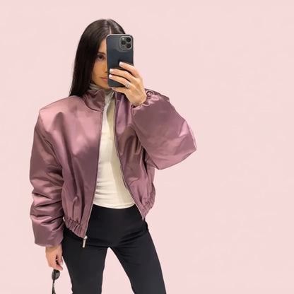 🍒Langmou-bomberbaadjie vir vroue, met ritssluiting en opstaande kraag, buiteklere kort gemaklike baadjie soliede sjiek vroulike satynklere mode Mauve Is In